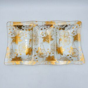 MCM Glass Divided Serving Tray Gold Leaf Graphic Hollywood Regency Unmarked